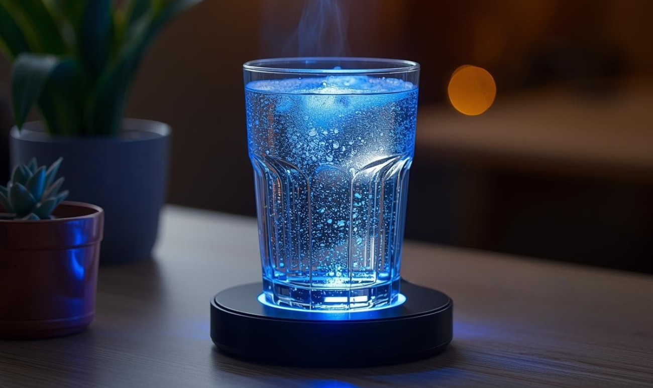 Szklanka wody ustawiona na energetyzatorze wody w spokojnej przestrzeni