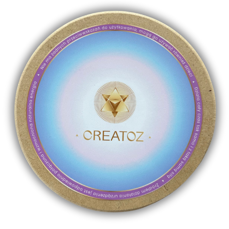 Energetyzator Wody Creatoz – Wysokowibracyjna Energia dla Twojej Wody Energetyzator Wody Creatoz w błękitno-fioletowych barwach z symbolem Merkawy – produkt do harmonizacji i poprawy jakości wody