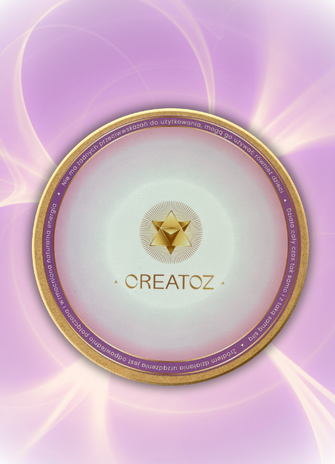 Delikatna energia Harmonizatora Creatoz – subtelne wsparcie dla Twojej przestrzeni Harmonizator Stacjonarny Creatoz z pastelowym tłem i złotym symbolem Merkawy – produkt wspierający równowagę energetyczną