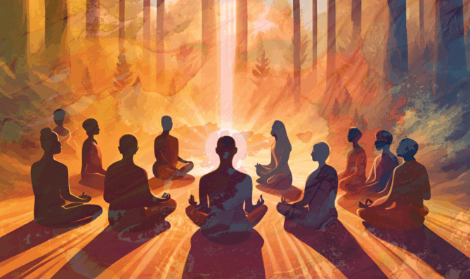 Grupa ludzi medytujących w świetle, symbolizująca wspólne pole energetyczne i duchową harmonię