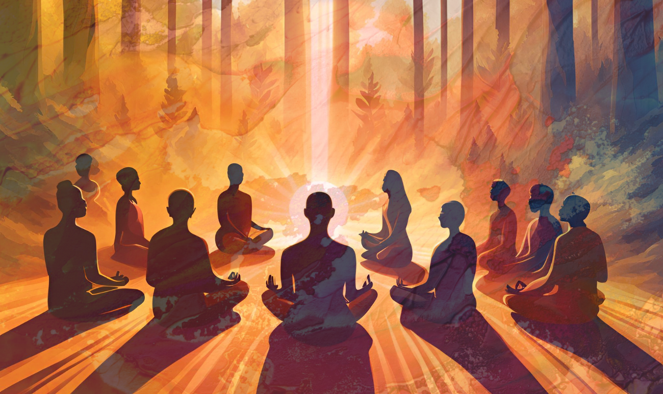 Grupa ludzi medytujących w świetle, symbolizująca wspólne pole energetyczne i duchową harmonię