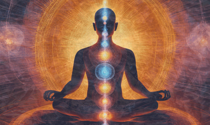Medytująca sylwetka z wizualizacją czakr - symbol harmonii i równowagi energetycznej