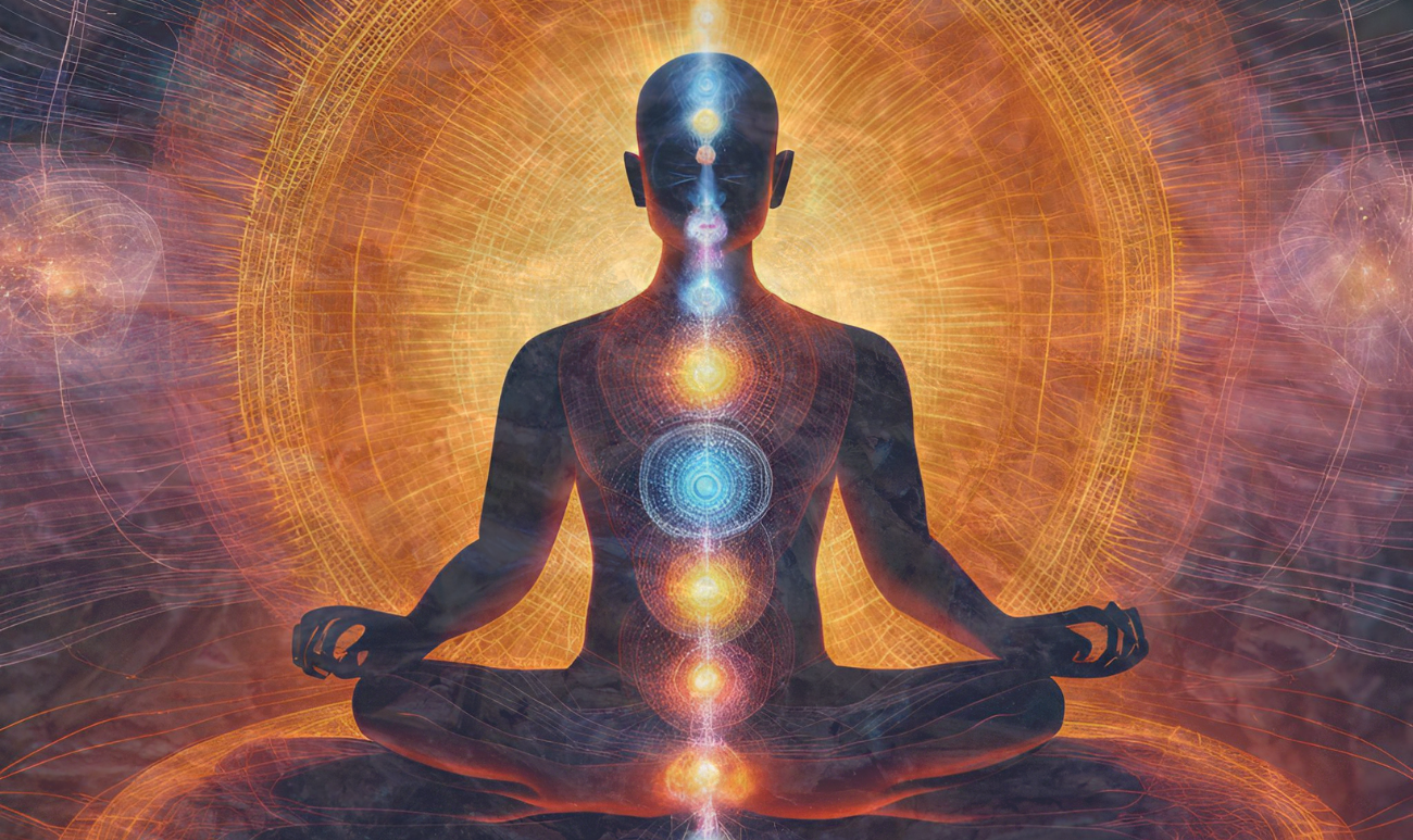 Medytująca sylwetka z wizualizacją czakr - symbol harmonii i równowagi energetycznej