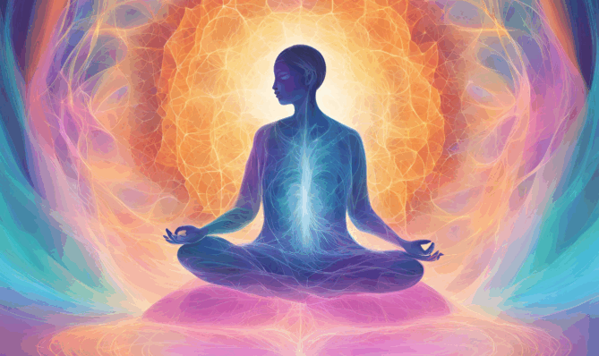 Osoba medytująca w kolorowym polu energii symbolizującym oczyszczanie i wzmacnianie wibracji duchowych. Kolory symbolizują częstotliwości światła wspierające regenerację i relaks z pomocą Harmonizatora Creatoz.
