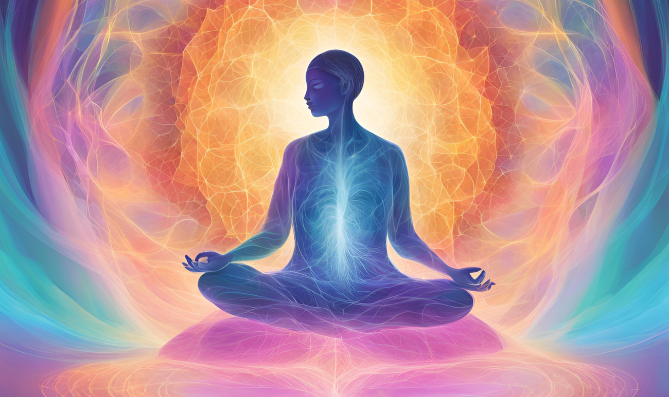 Osoba medytująca w kolorowym polu energii symbolizującym oczyszczanie i wzmacnianie wibracji duchowych. Kolory symbolizują częstotliwości światła wspierające regenerację i relaks z pomocą Harmonizatora Creatoz.