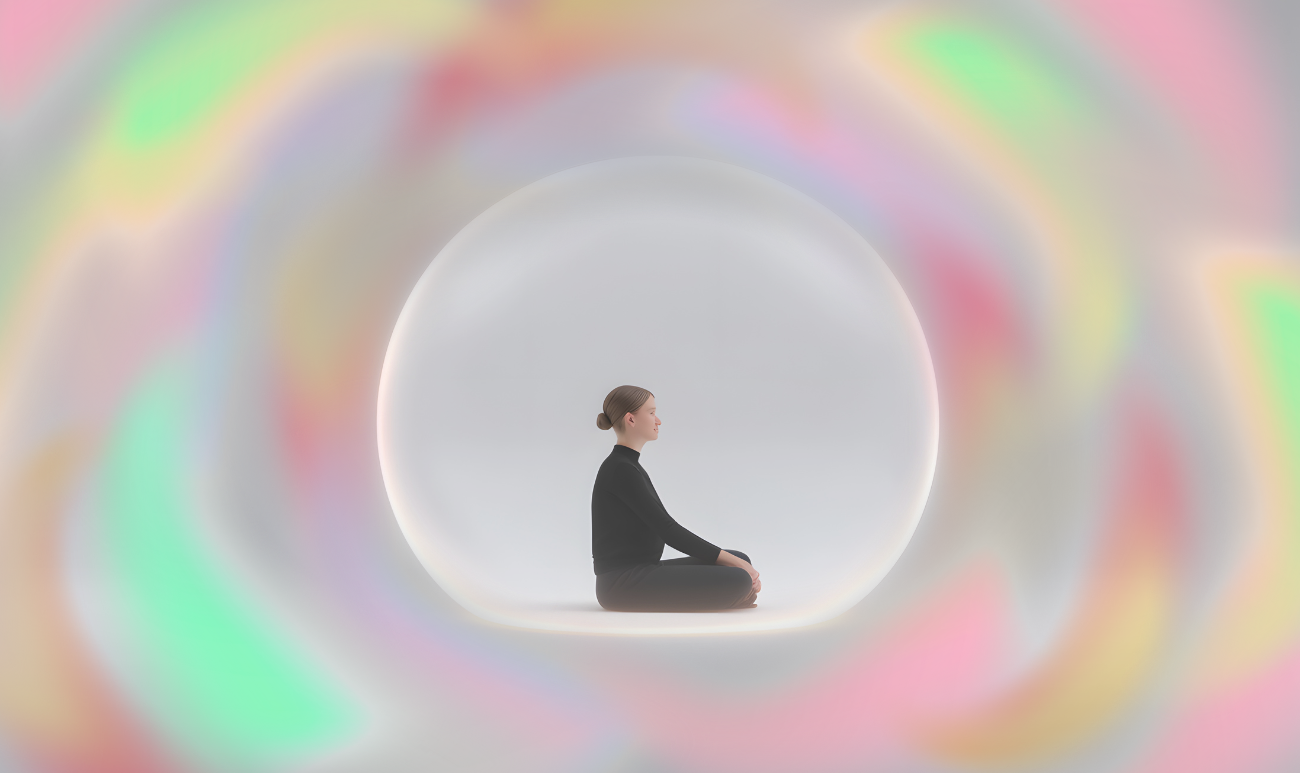 Kobieta medytująca wewnątrz pola światła – wizualizacja aury człowieka i jego pola energetycznego.