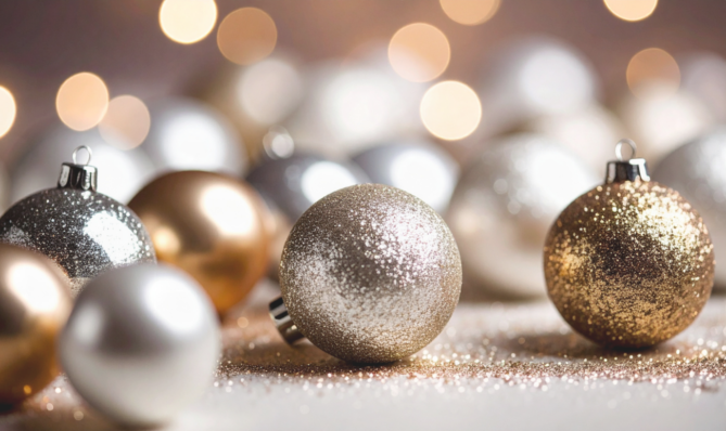 Zbliżenie na złote i srebrne świąteczne bombki w miękkim świetle, symbolizujące refleksję, wyciszenie i przestrzeń na wewnętrzną prawdę.