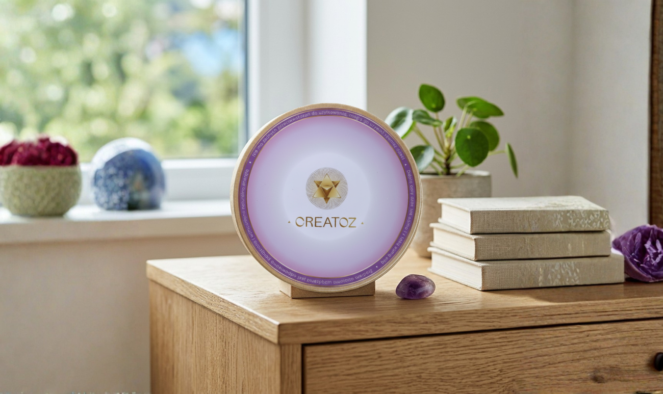 Harmonizator Creatoz ustawiony w spokojnej przestrzeni domowej przy oknie symbolizujący wewnętrzną równowagę i harmonię